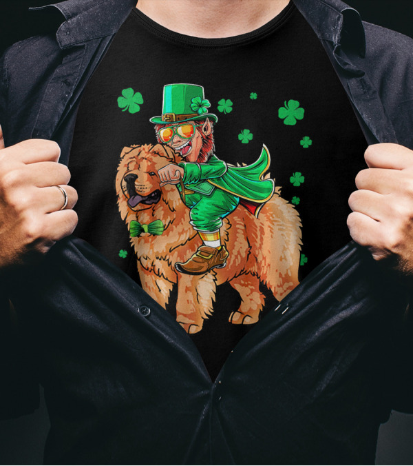 Leprechaun Riding Chow Chow With Shamrocks St. Patrick's Day T-Shirt