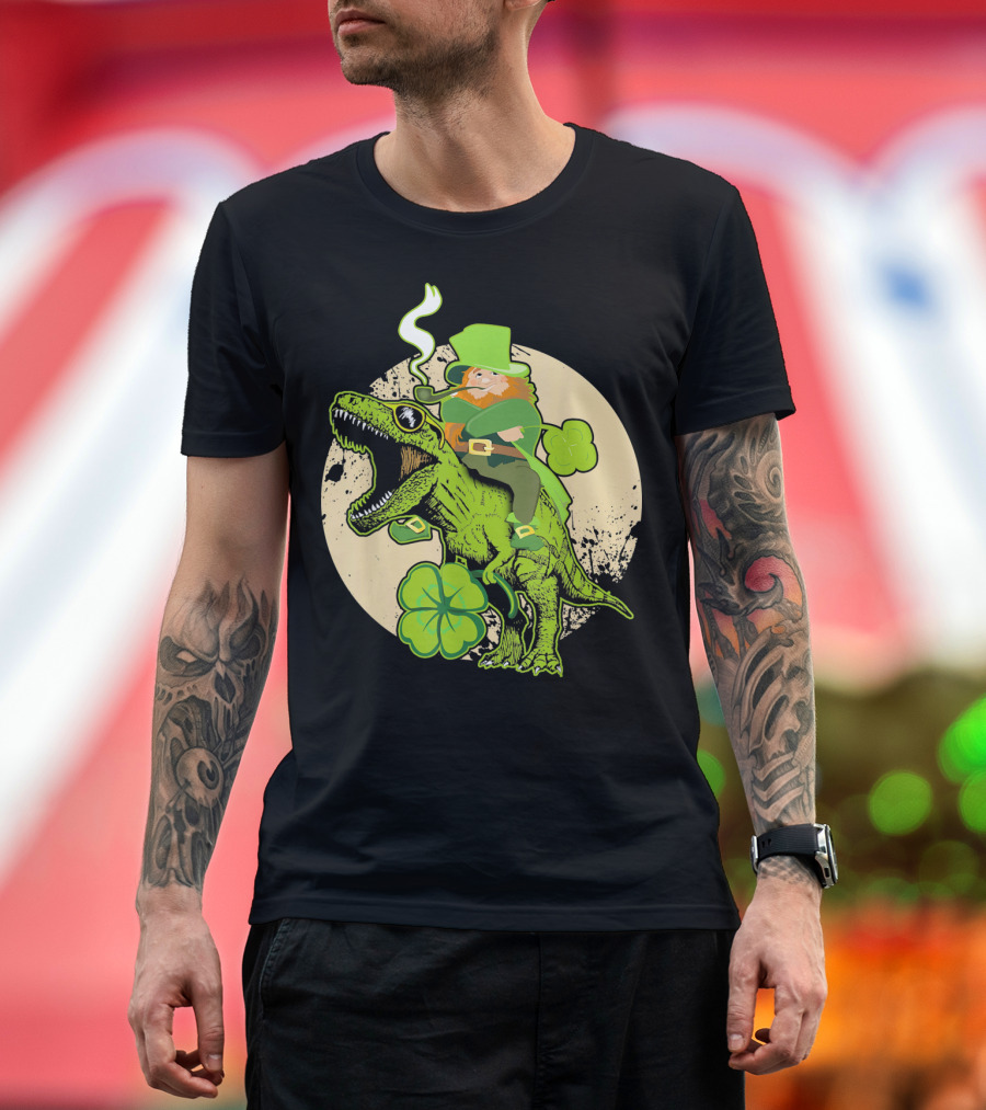 St Patricks Day Leprechaun Riding Dinosaur with Shamrocks T-Shirt