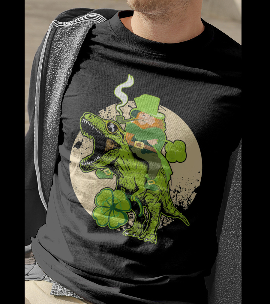 St Patricks Day Leprechaun Riding Dinosaur With Shamrocks T-Shirt