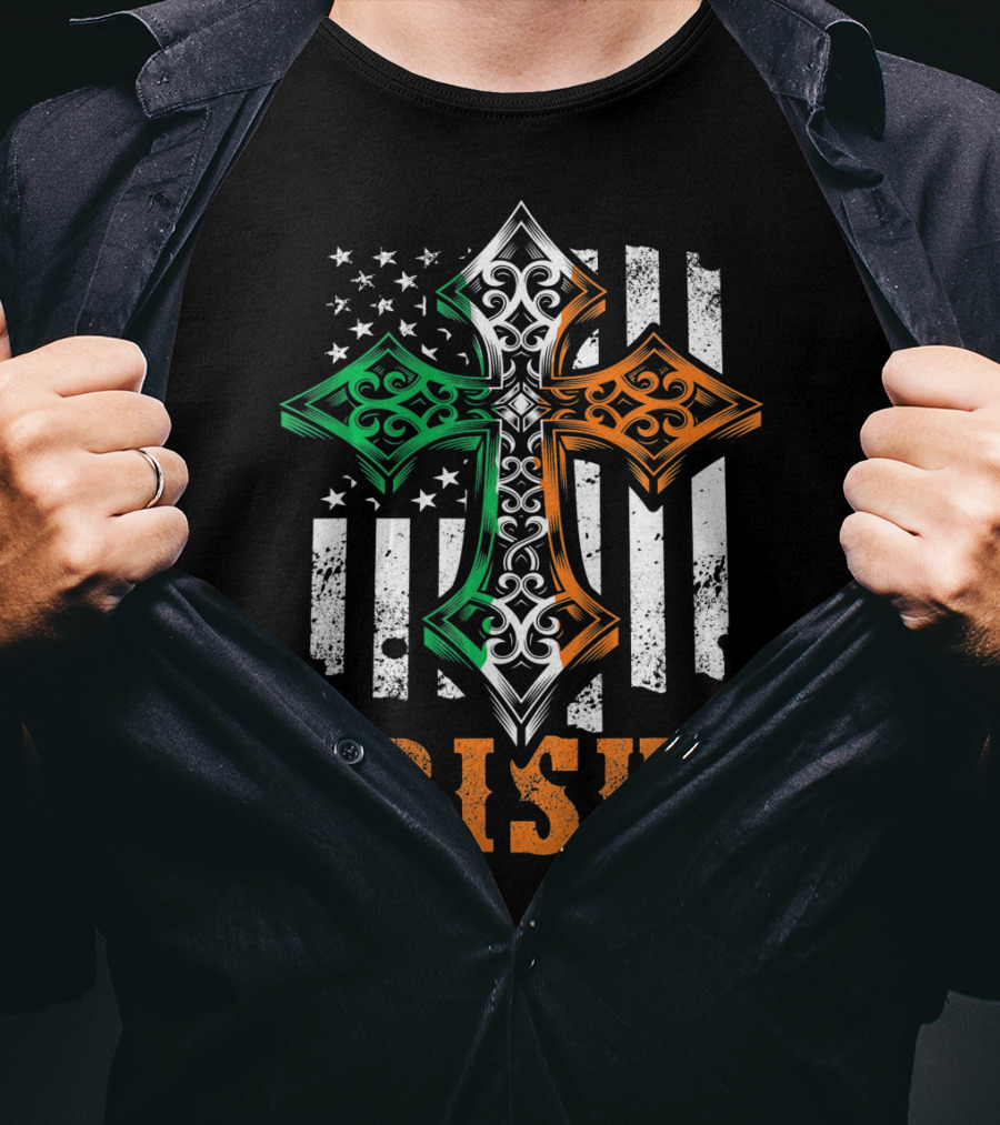 Irish Pride Celtic Cross American Flag Colors T-Shirt