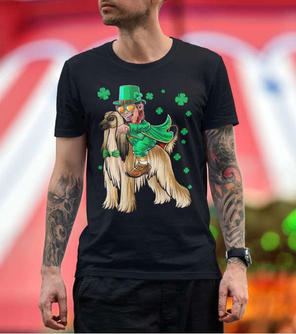 Premium T-Shirt: Leprechaun Riding Afghan Hound with Shamrocks St. Patrick's Day T-Shirt Leprechaun Riding Afghan Hound with Shamrocks St. Patrick's Day T-Shirt
