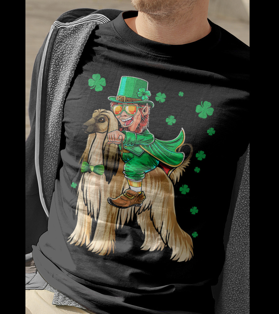 Leprechaun Riding Afghan Hound With Shamrocks St. Patrick's Day T-Shirt