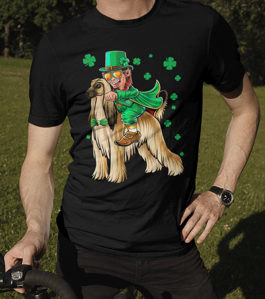 Leprechaun Riding Afghan Hound With Shamrocks St. Patrick's Day T-Shirt