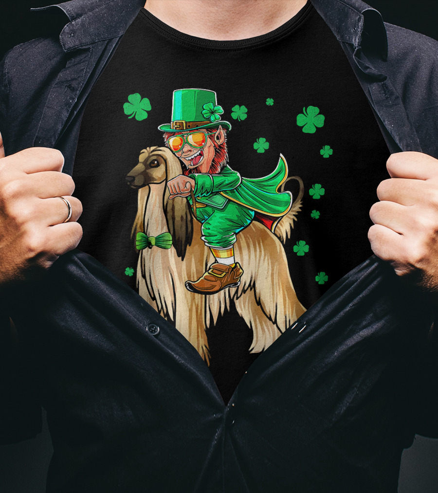 Leprechaun Riding Afghan Hound With Shamrocks St. Patrick's Day T-Shirt