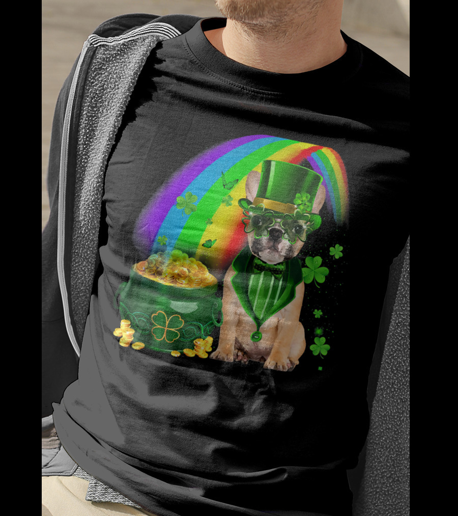 French Bulldog Irish Leprechaun With Pot Of Gold And Shamrocks T-Shirt