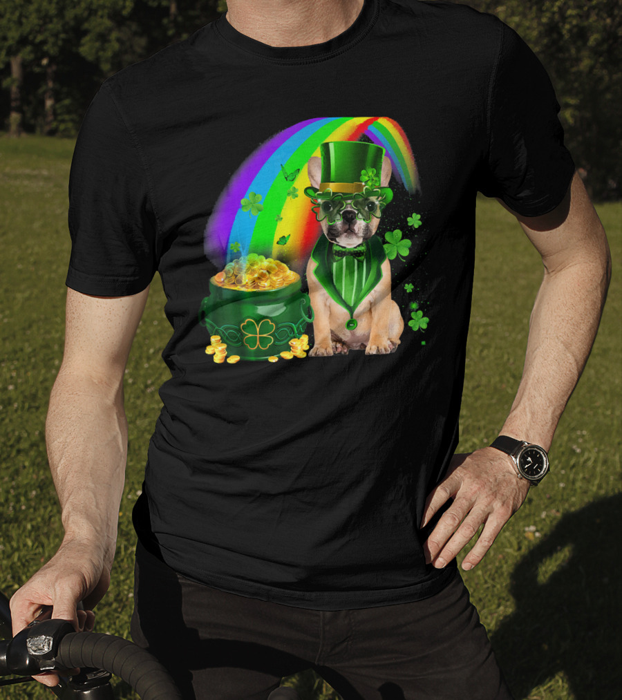 French Bulldog Irish Leprechaun With Pot Of Gold And Shamrocks T-Shirt