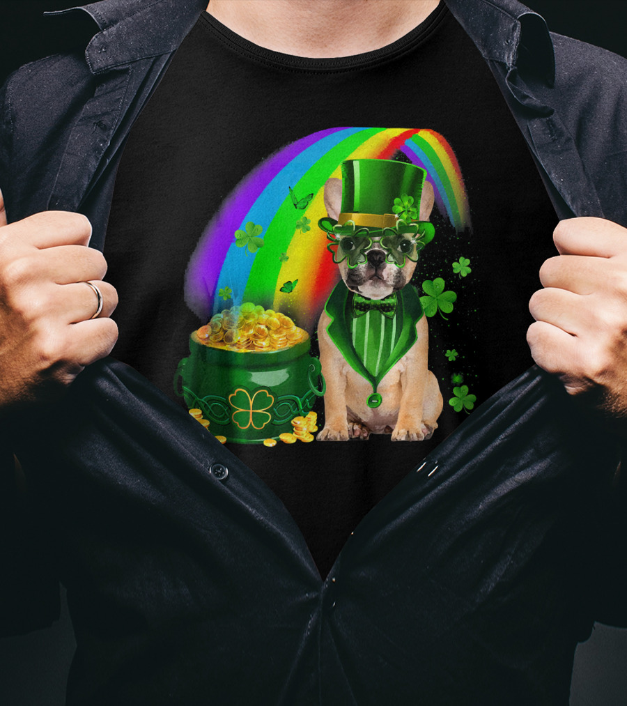 French Bulldog Irish Leprechaun With Pot Of Gold And Shamrocks T-Shirt
