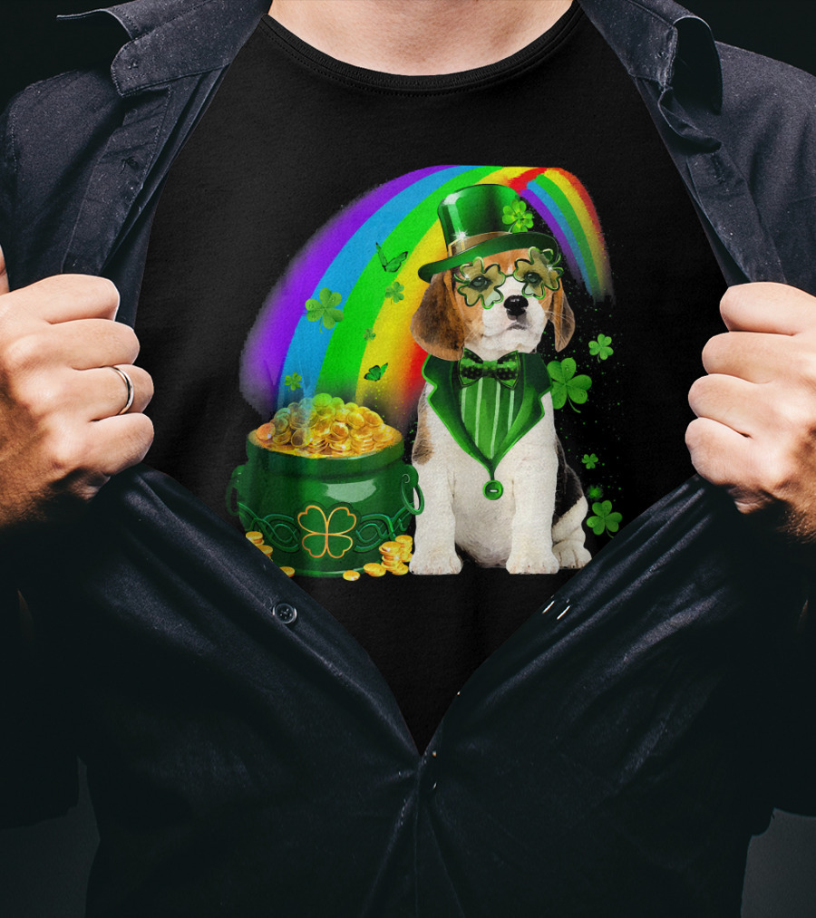 Beagle Dog Rainbow Leprechaun Hat Shamrock Coin Pot T-Shirt