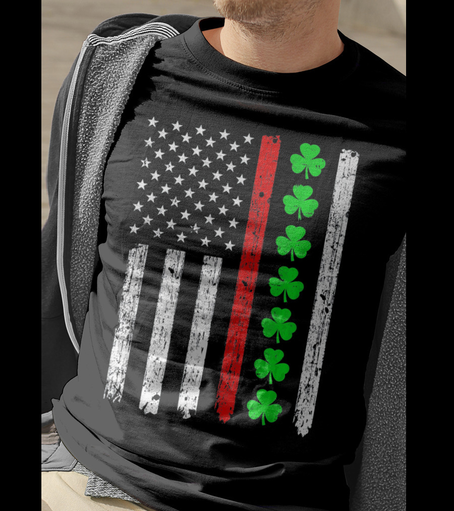 American Flag Thin Red Line Shamrock Irish St Patricks T-Shirt