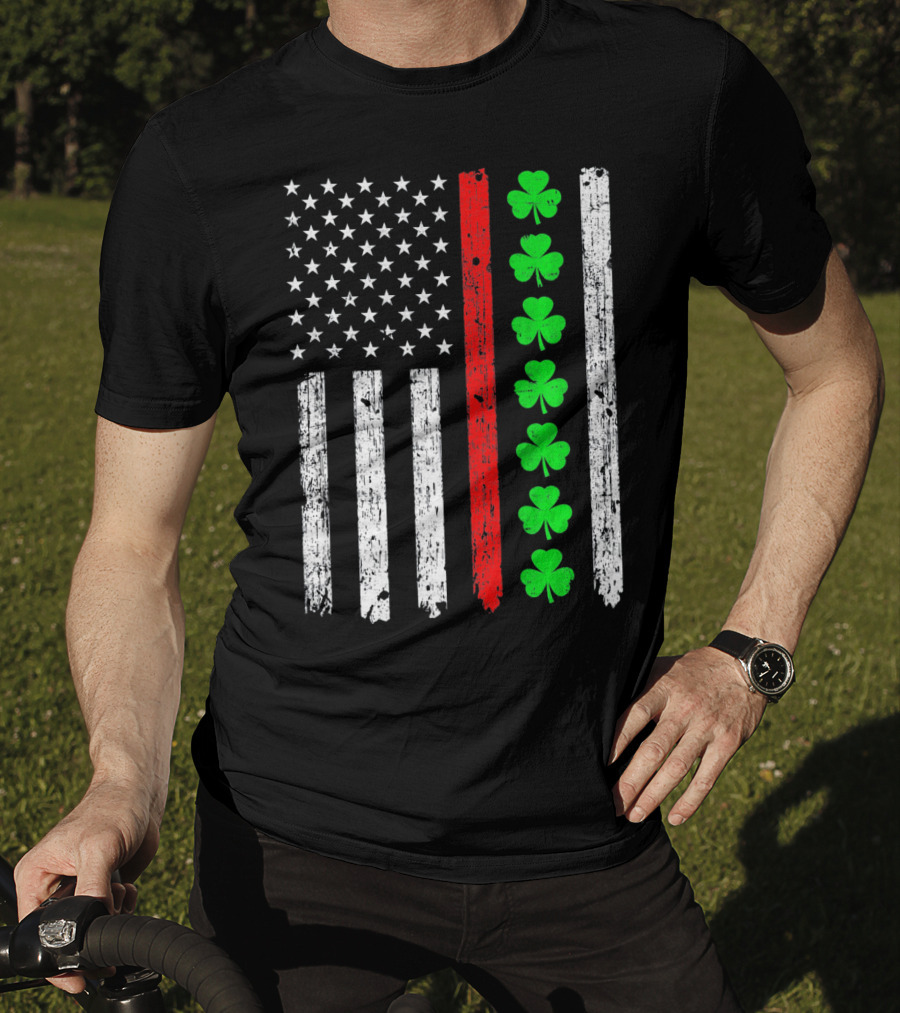 American Flag Thin Red Line Shamrock Irish St Patricks T-Shirt