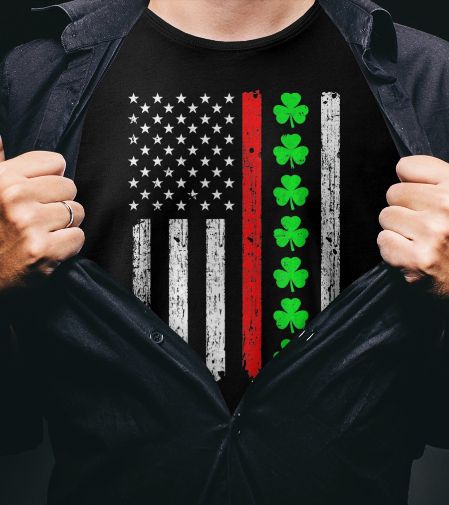 American Flag Thin Red Line Shamrock Irish St Patricks T-Shirt