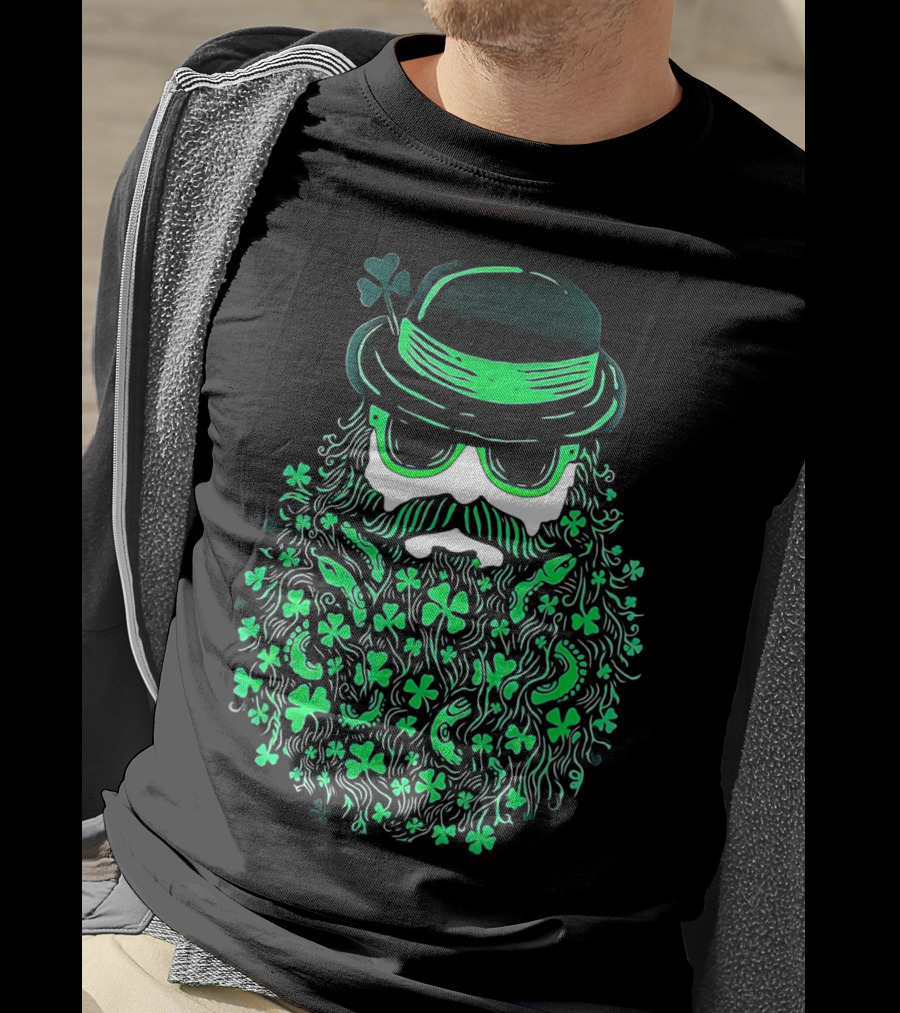 Shamrock Moustache Leprechaun St Patrick's Beard Hat Sunglasses T-Shirt