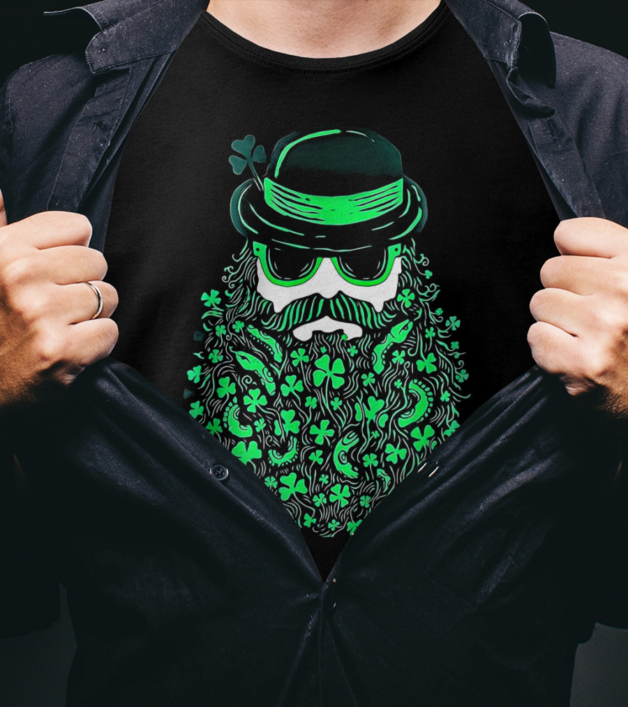 Shamrock Moustache Leprechaun St Patrick's Beard Hat Sunglasses T-Shirt