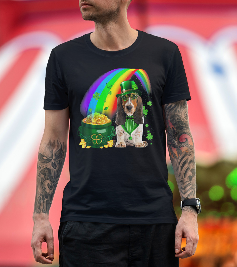 Basset Hound with Leprechaun Hat Rainbow and Pot of Gold T-Shirt
