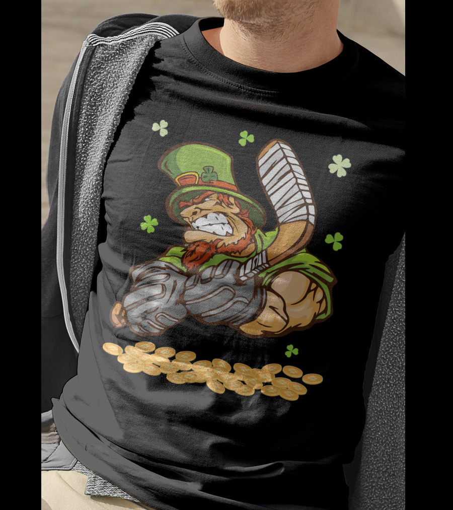 Leprechaun Swinging Hockey Stick Surrounded By Shamrocks And Gold Coins T-Shirt