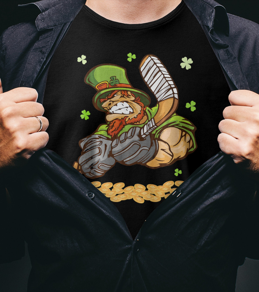 Leprechaun Swinging Hockey Stick Surrounded By Shamrocks And Gold Coins T-Shirt