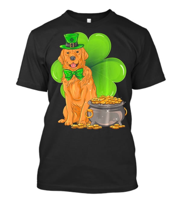 Golden Retriever St Patricks Day Leprechaun With Shamrock And Pot Of Gold T-Shirt