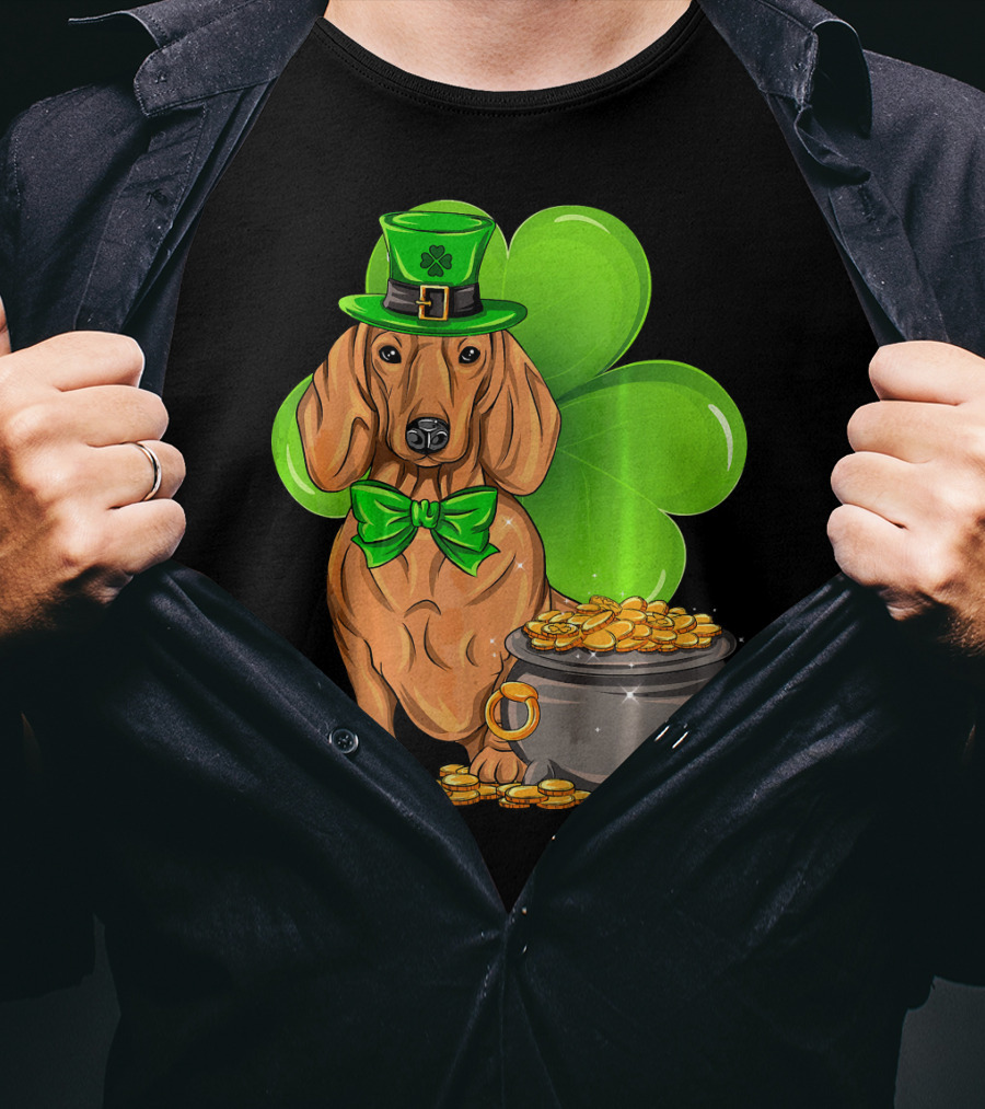 Dachshund St Patricks Day Leprechaun Dog Shamrock Hat Pot Of Gold T-Shirt