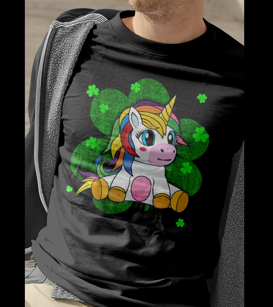 Cute Kids Unicorn Girls St Patrick Clover Rainbow T-Shirt