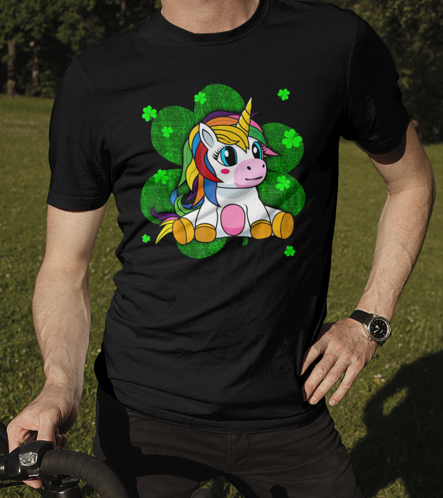 Cute Kids Unicorn Girls St Patrick Clover Rainbow T-Shirt