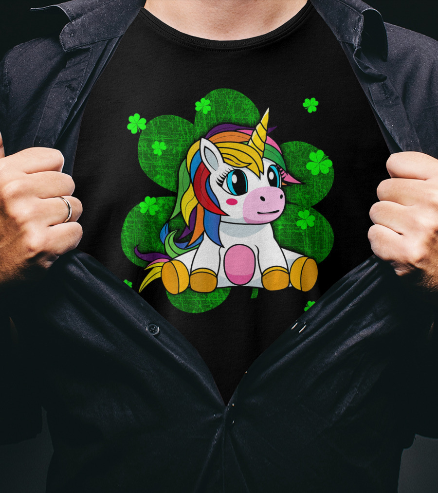 Cute Kids Unicorn Girls St Patrick Clover Rainbow T-Shirt