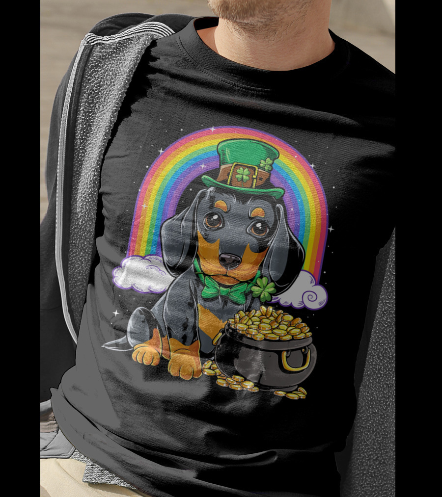 Dachshund Leprechaun Hat Rainbow Pot Of Gold T-Shirt
