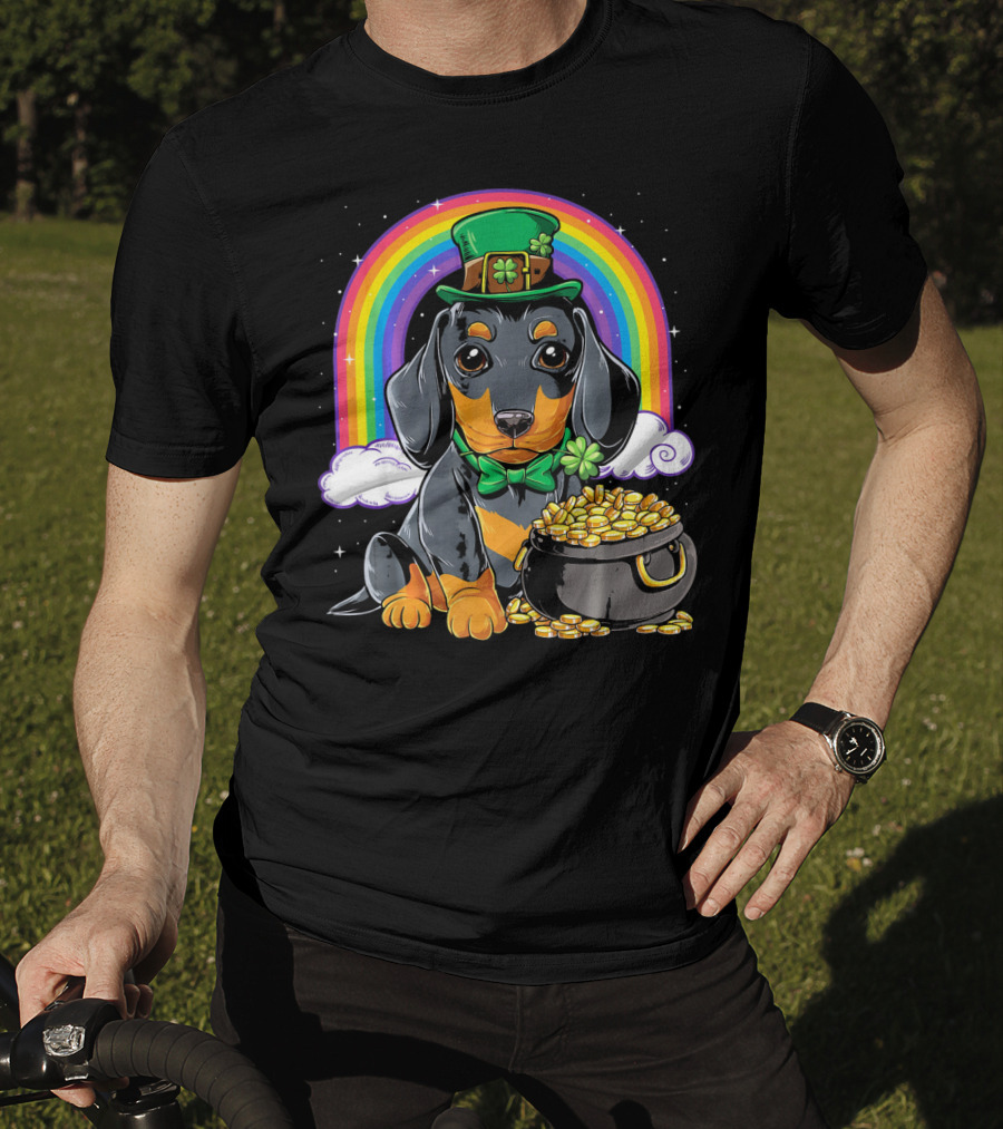 Dachshund Leprechaun Hat Rainbow Pot Of Gold T-Shirt