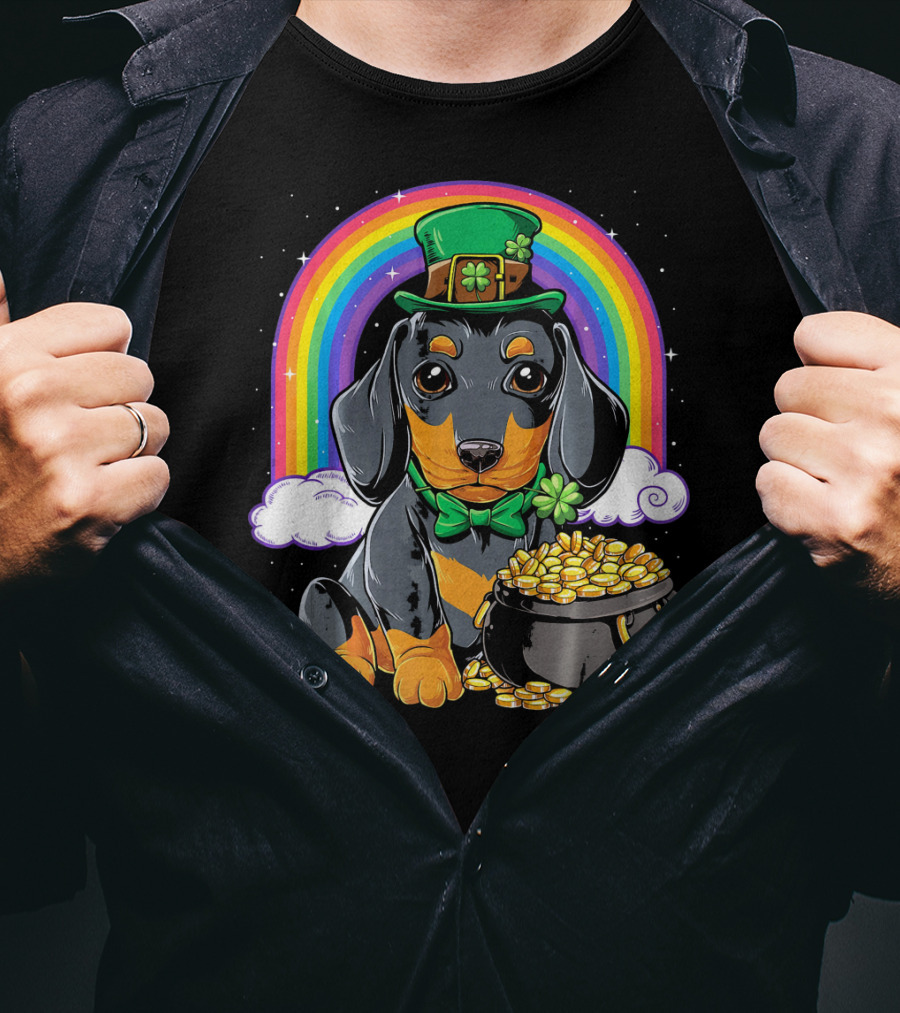 Dachshund Leprechaun Hat Rainbow Pot Of Gold T-Shirt