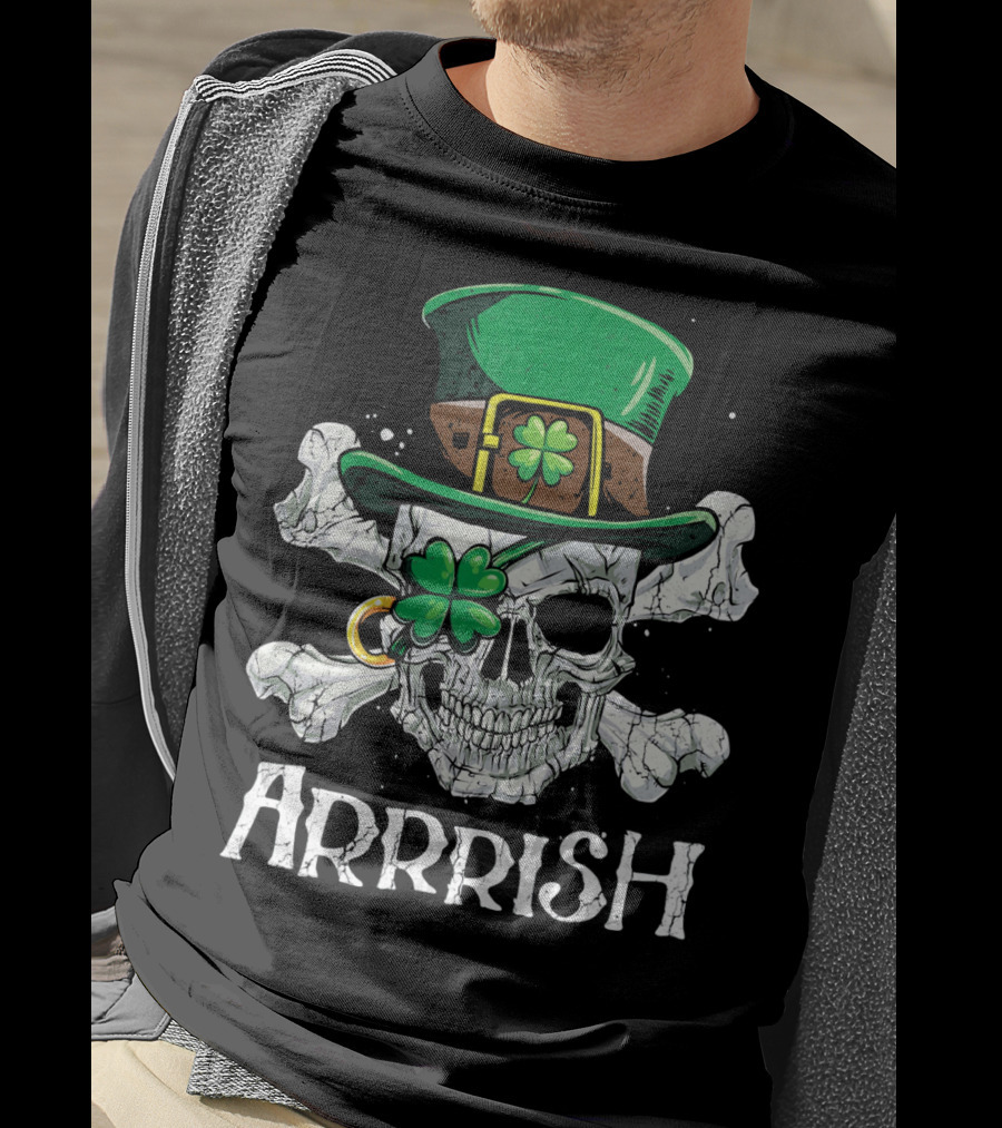 Arrrish Leprechaun Pirate Skull With Green Hat And Clover Eyepatch T-Shirt