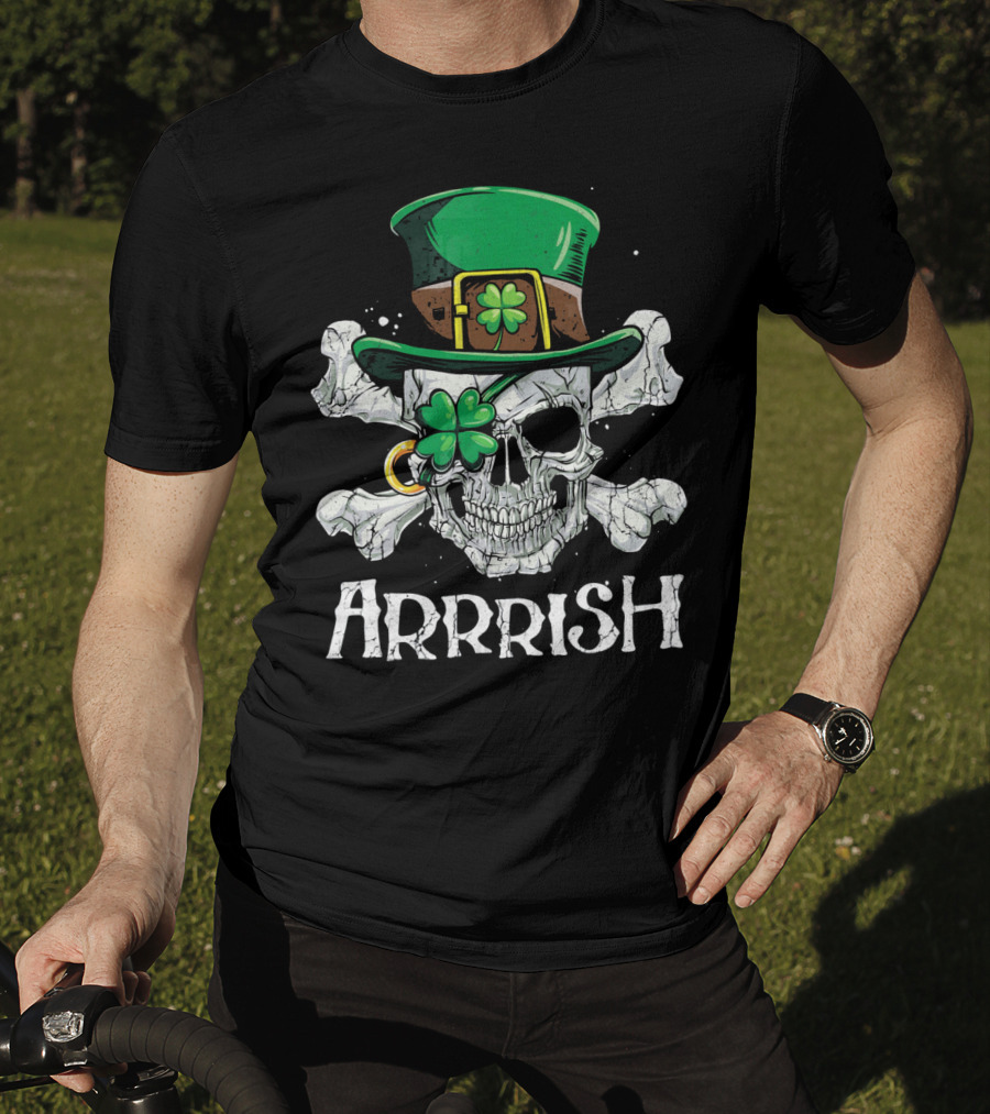 Arrrish Leprechaun Pirate Skull With Green Hat And Clover Eyepatch T-Shirt