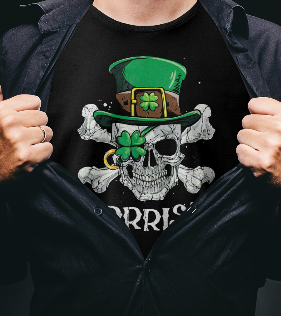 Arrrish Leprechaun Pirate Skull With Green Hat And Clover Eyepatch T-Shirt