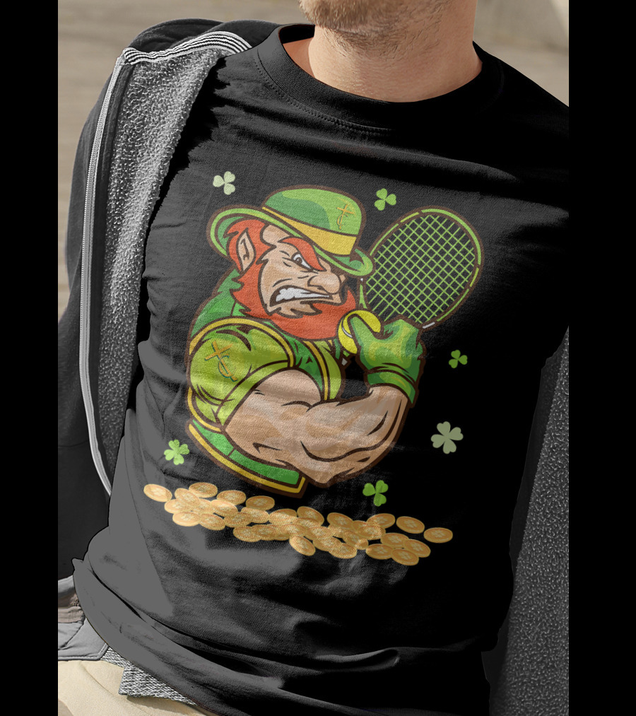 Leprechaun Playing Tennis With Shamrocks And Gold Coins T-Shirt