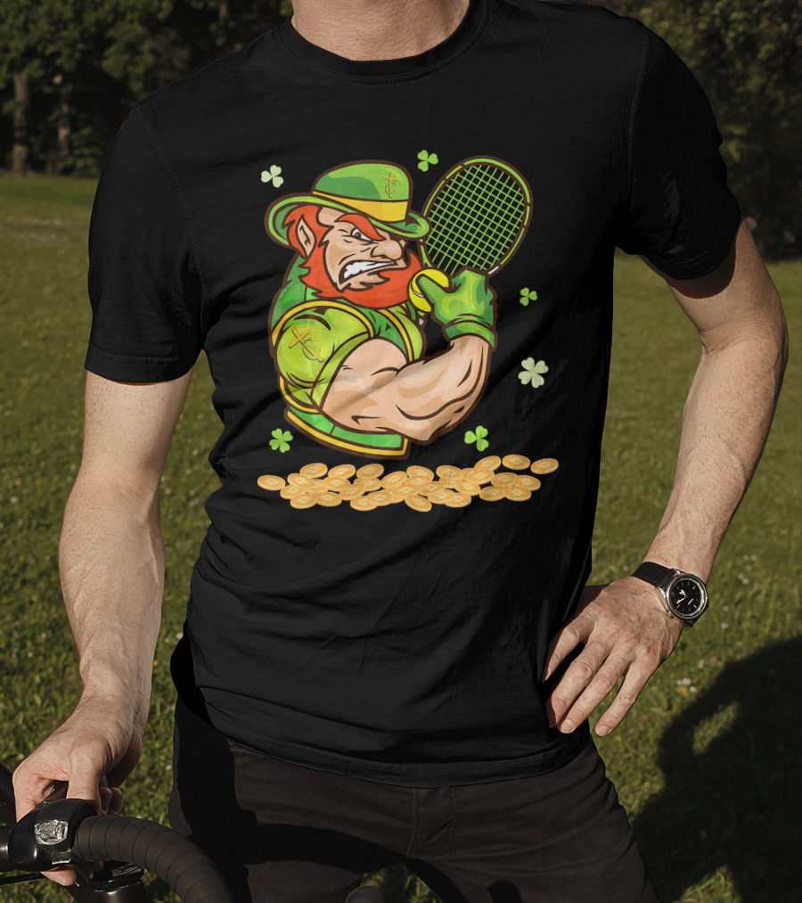Leprechaun Playing Tennis With Shamrocks And Gold Coins T-Shirt
