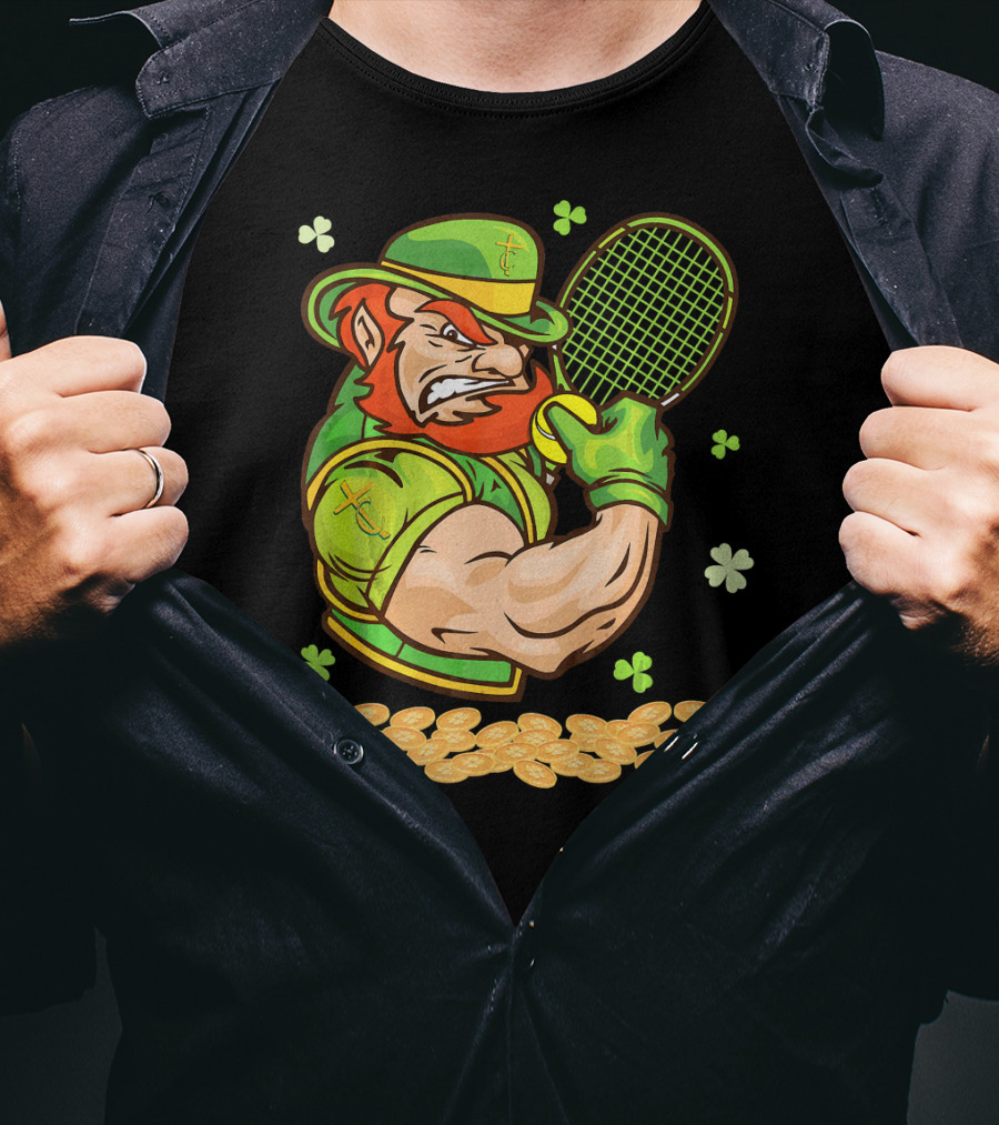 Leprechaun Playing Tennis With Shamrocks And Gold Coins T-Shirt
