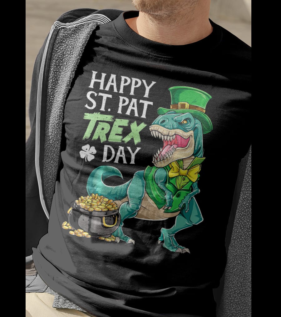 Happy St Pat Trex Day Leprechaun Dinosaur With Pot Of Gold And Clover T-Shirt