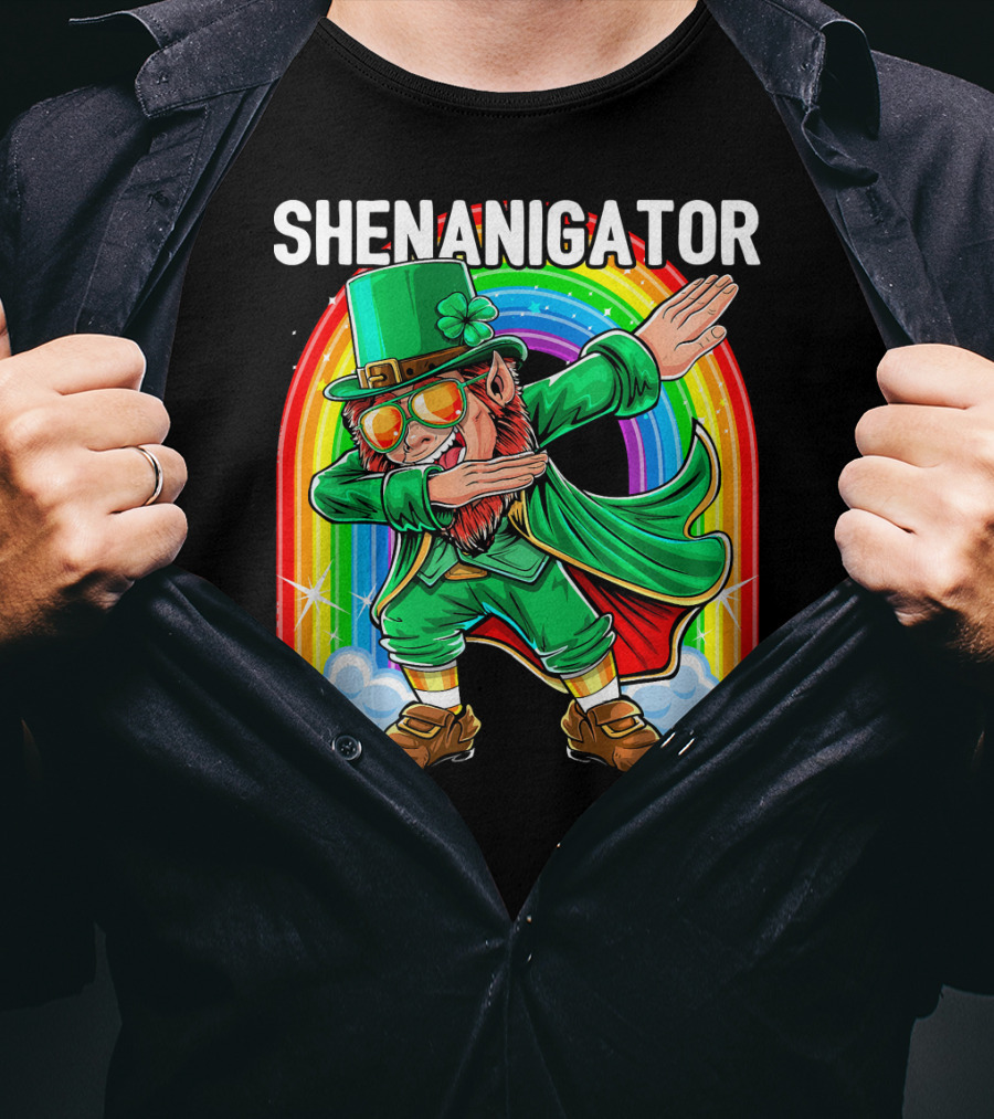 SHENANIGATOR Dabbing Leprechaun Rainbow T-Shirt