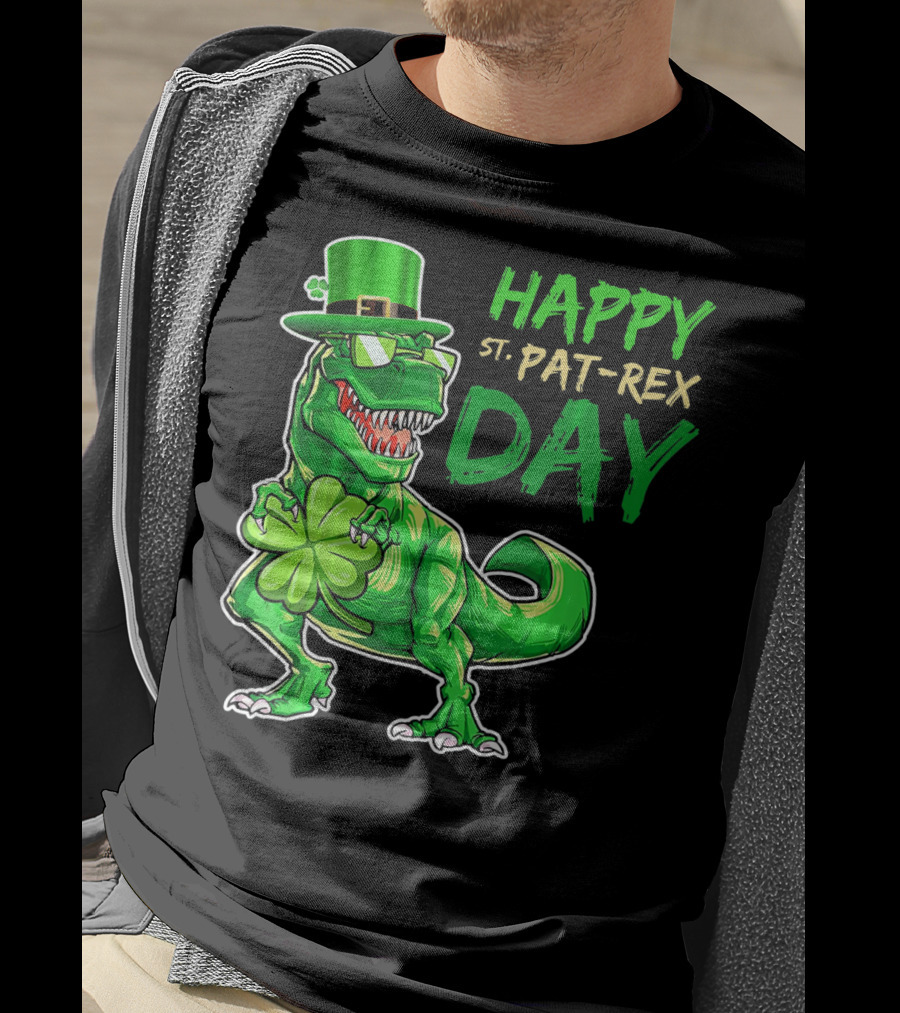 Happy St Pat Rex Day Saint Patricks Day Dinosaur With Shamrock And Green Hat T-Shirt