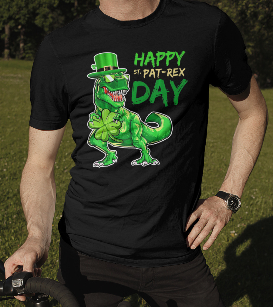 Happy St Pat Rex Day Saint Patricks Day Dinosaur With Shamrock And Green Hat T-Shirt
