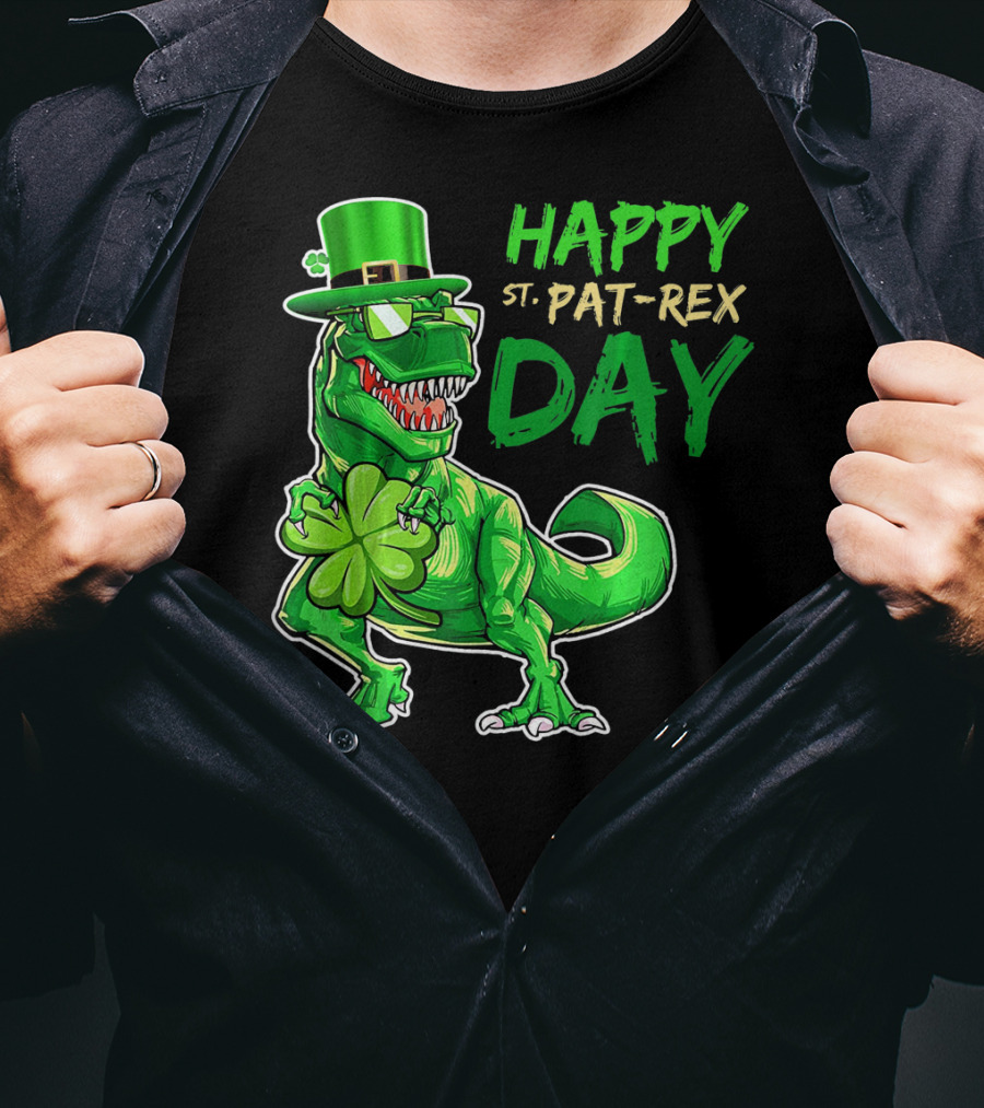 Happy St Pat Rex Day Saint Patricks Day Dinosaur With Shamrock And Green Hat T-Shirt
