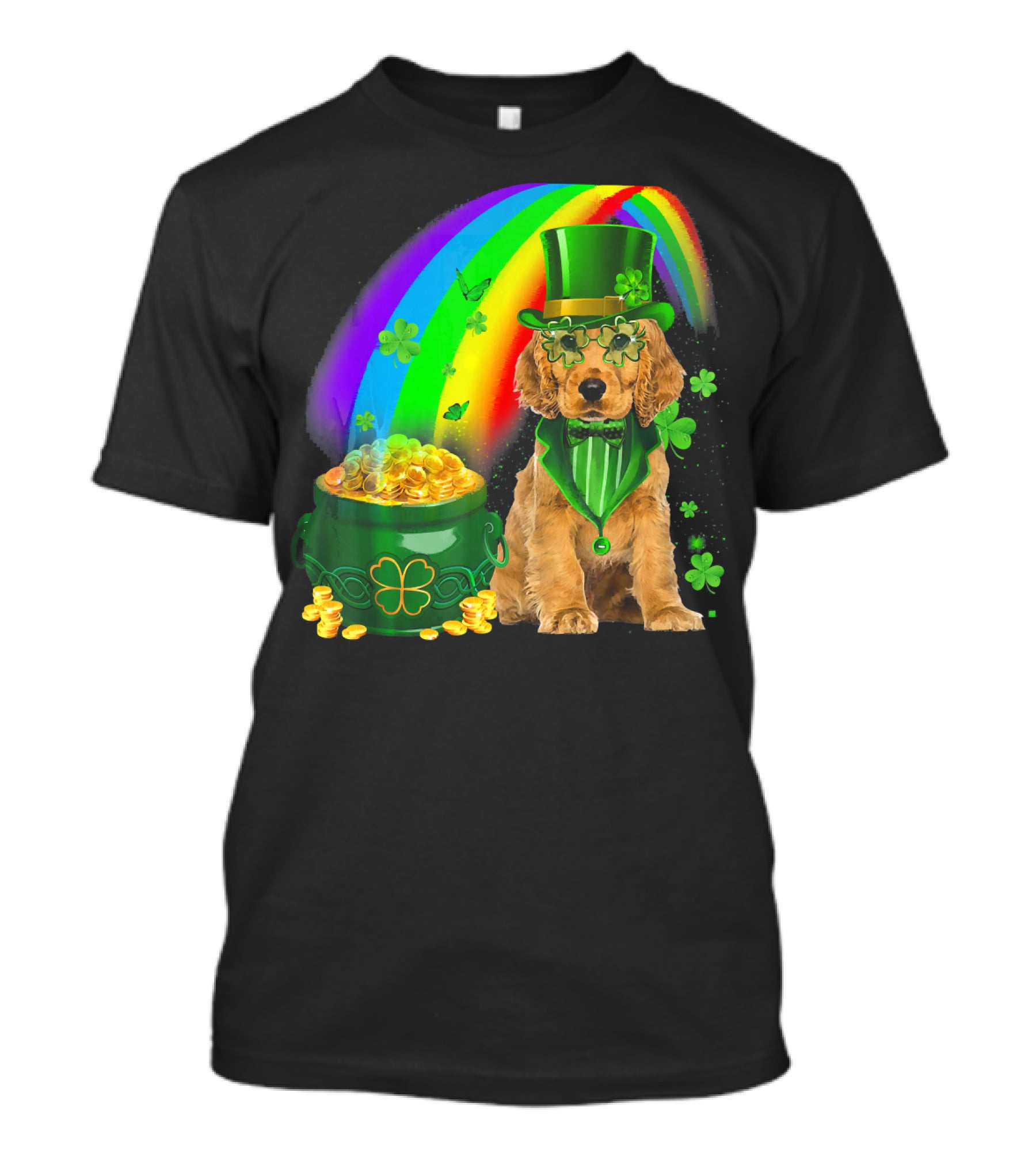 Cocker Spaniel Dog Wearing Irish Leprechaun Hat With Gold Coins And Rainbow T-Shirt