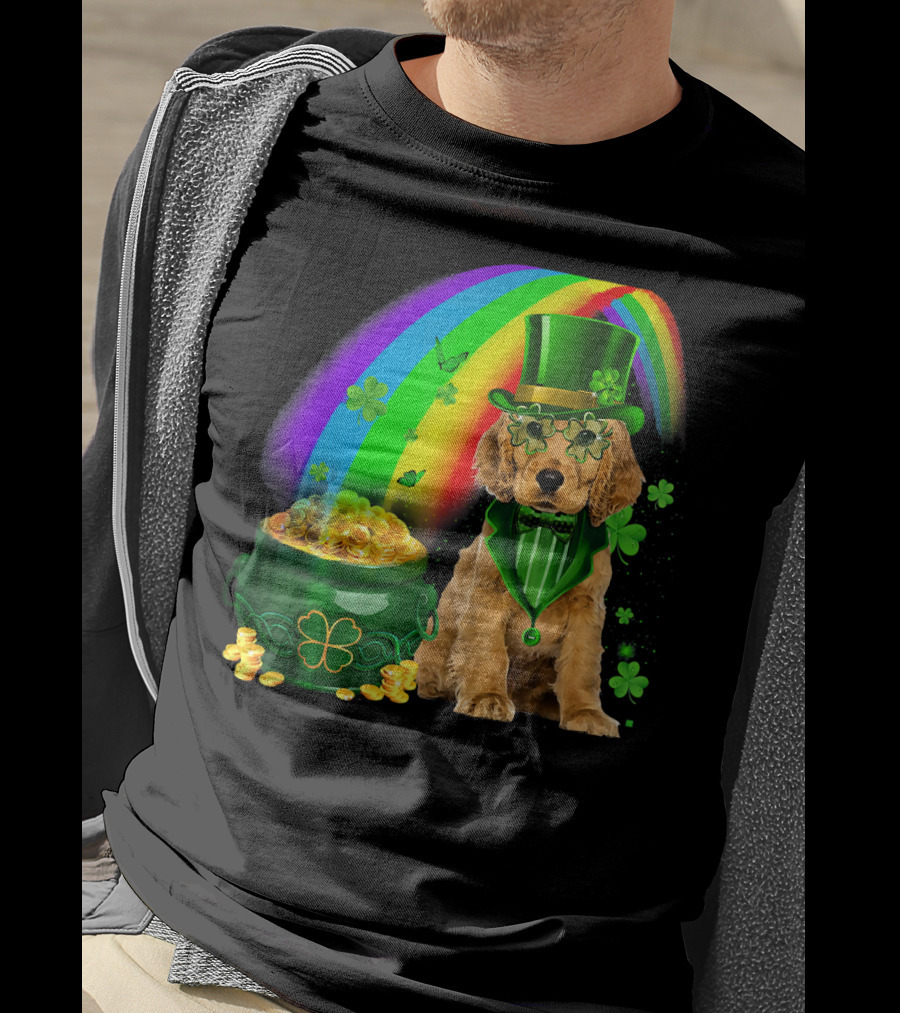 Cocker Spaniel Dog Wearing Irish Leprechaun Hat With Gold Coins And Rainbow T-Shirt