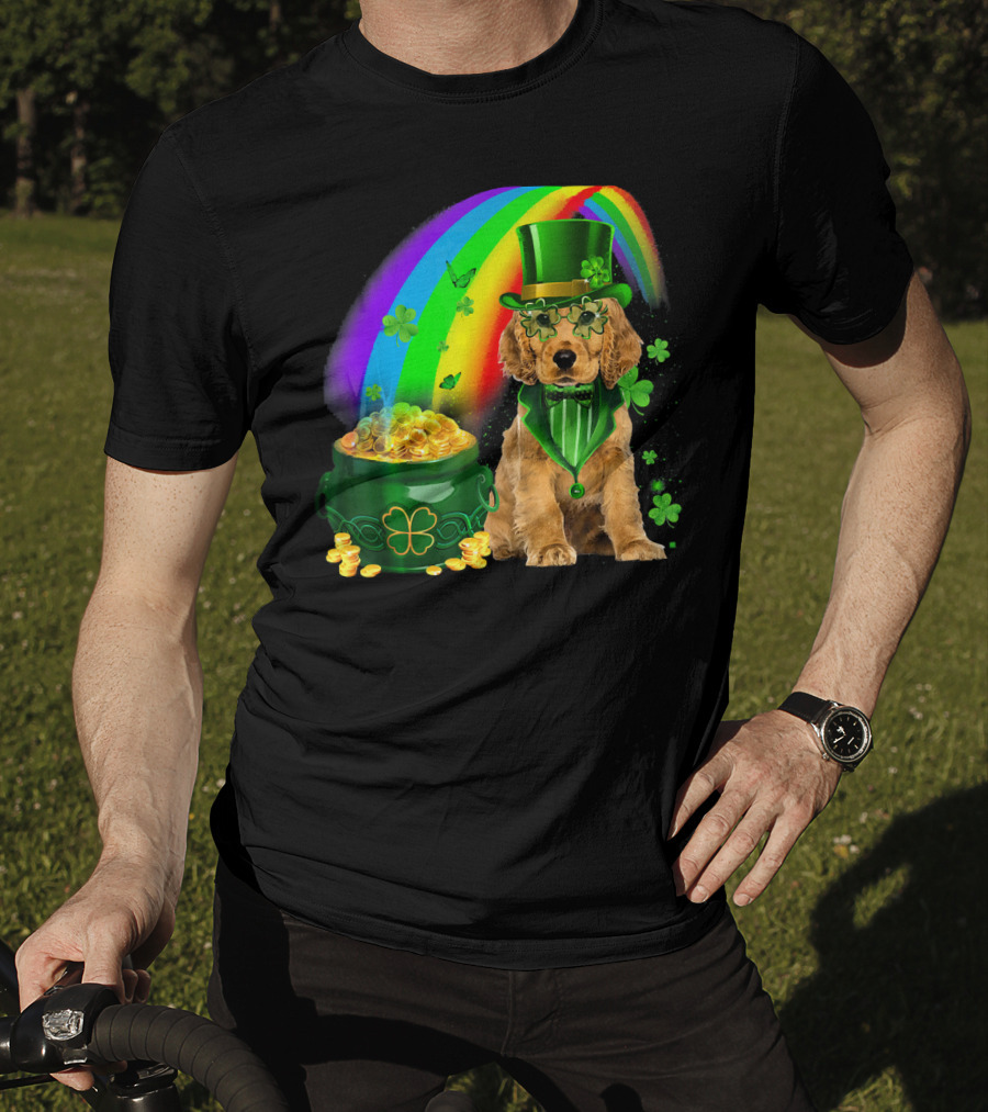 Cocker Spaniel Dog Wearing Irish Leprechaun Hat With Gold Coins And Rainbow T-Shirt