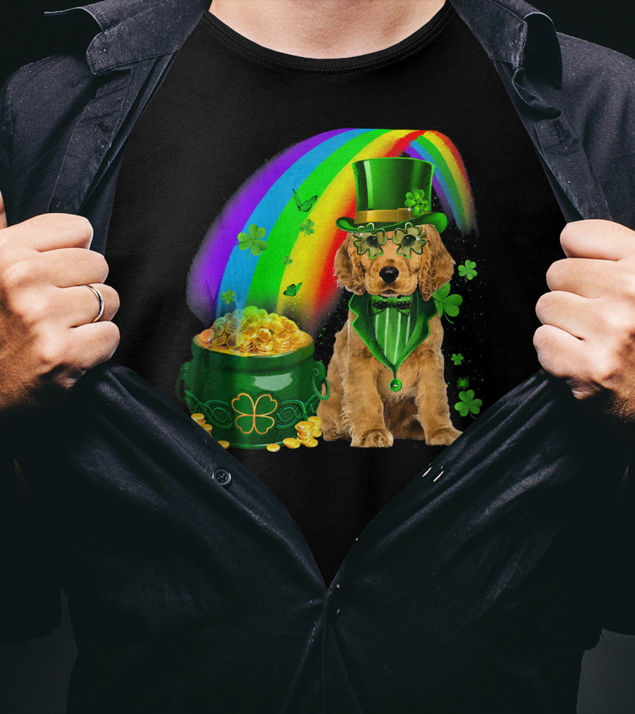 Cocker Spaniel Dog Wearing Irish Leprechaun Hat With Gold Coins And Rainbow T-Shirt