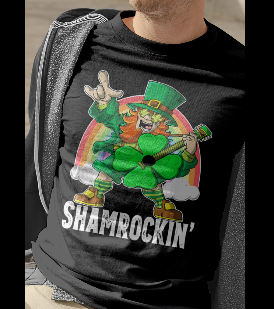 Shamrockin' Leprechaun Rainbow Guitar T-Shirt