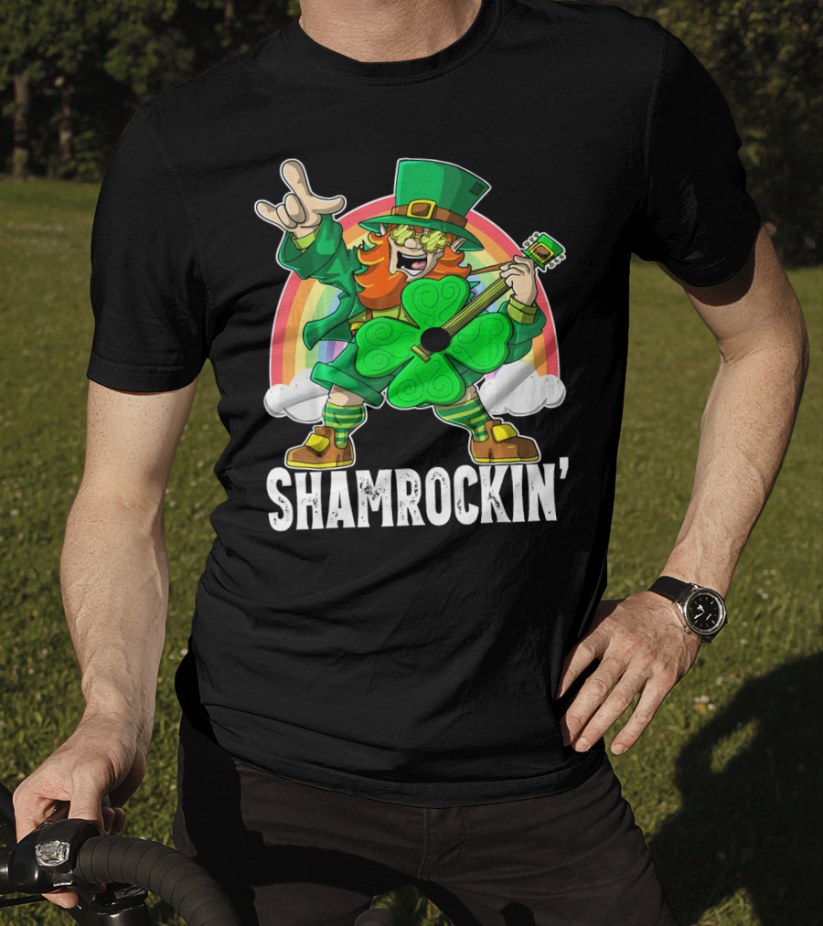 Shamrockin' Leprechaun Rainbow Guitar T-Shirt