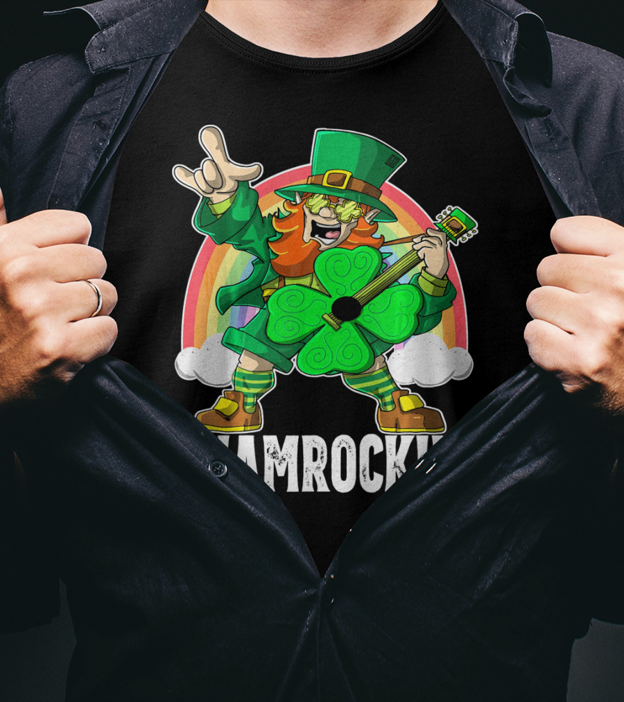 Shamrockin' Leprechaun Rainbow Guitar T-Shirt