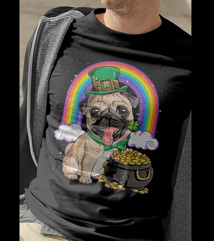 Pug St Patricks Day Boys Men Lep Leprechaun Hat Rainbow Pot Of Gold T-Shirt