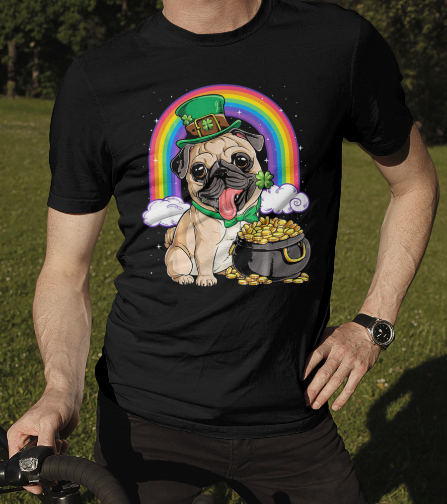 Pug St Patricks Day Boys Men Lep Leprechaun Hat Rainbow Pot Of Gold T-Shirt