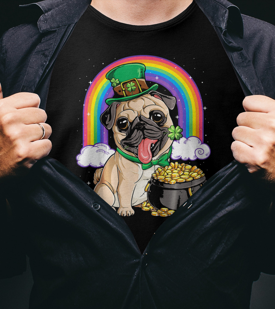 Pug St Patricks Day Boys Men Lep Leprechaun Hat Rainbow Pot Of Gold T-Shirt