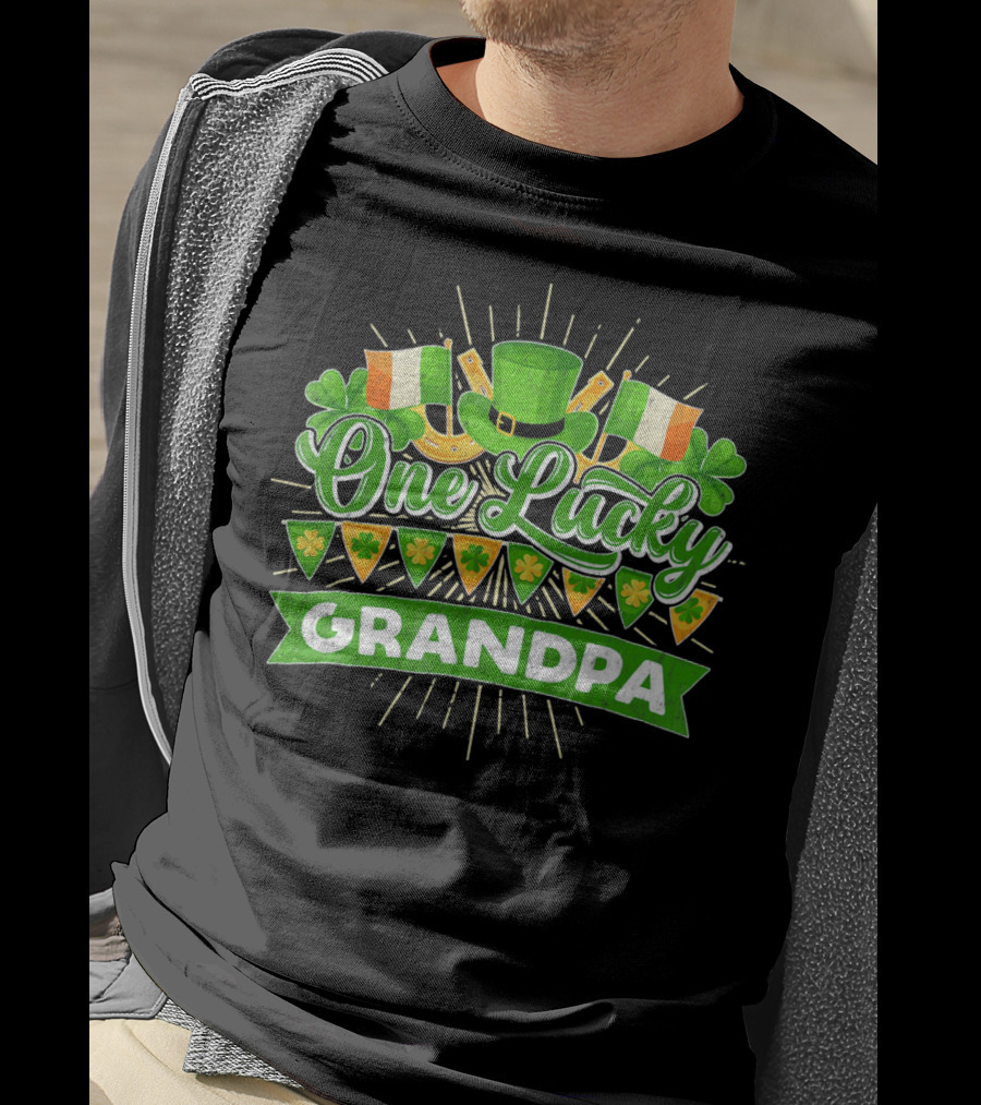 St Patricks Day One Lucky Grandpa Irish Flags Shamrocks And Leprechaun Hat T-Shirt